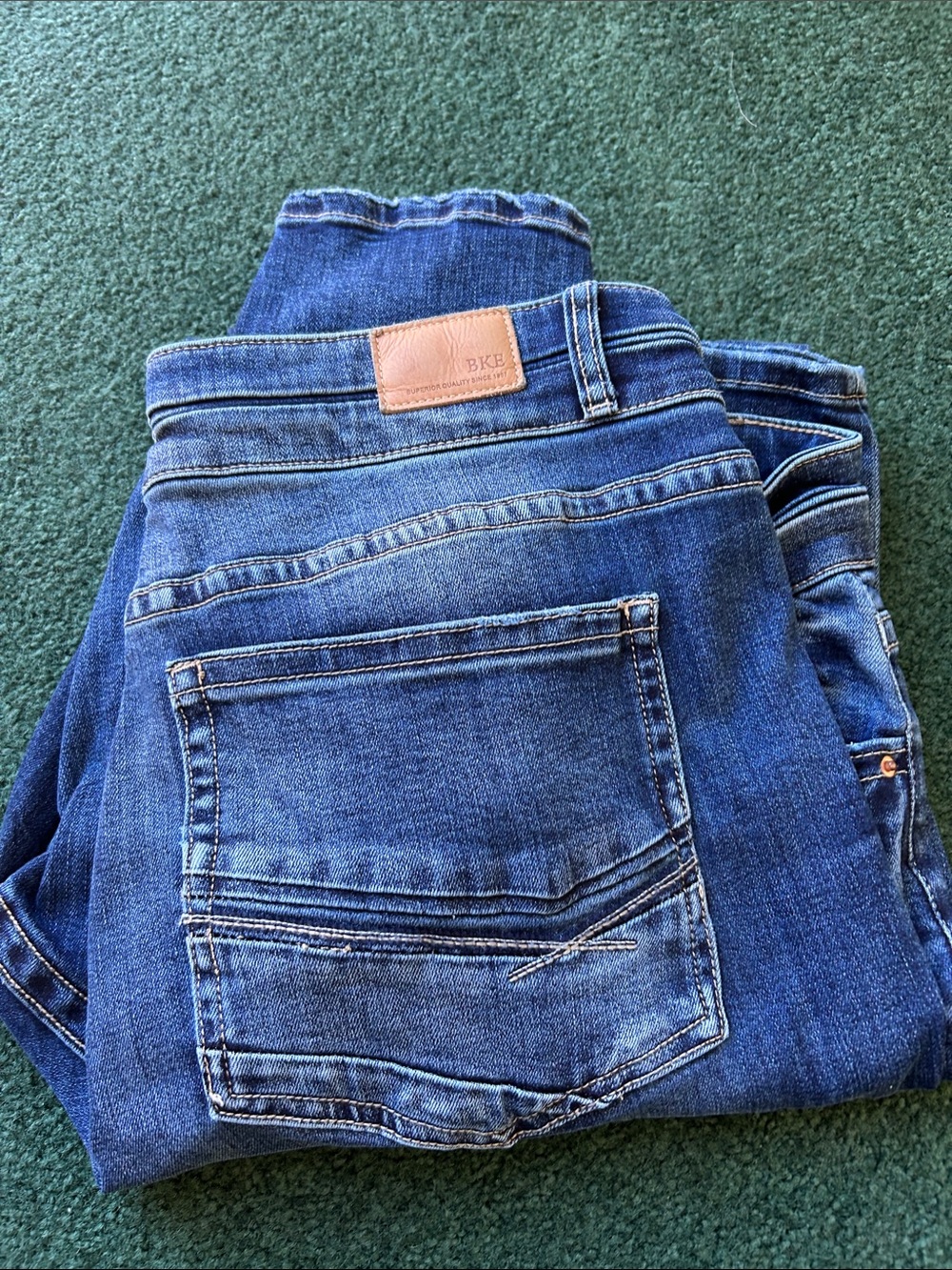BKE Blue Straight-Leg Jeans with Tan Logo Patch